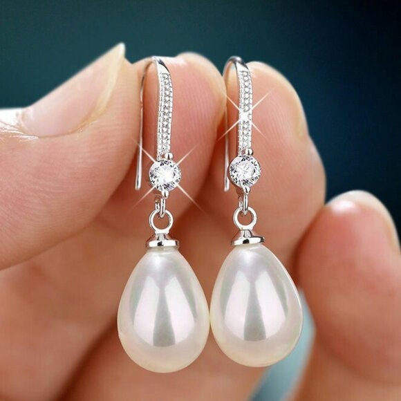 925 Silver Plated Tear Drop Pearl Wedding Earrings, FB16FA1074 - Picture 2 of 3
